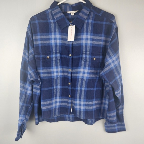 Lucky Brand Womens XL Blue Plaid Cropped Shirt Flannel Button Up Long Sleeve - Picture 2 of 14